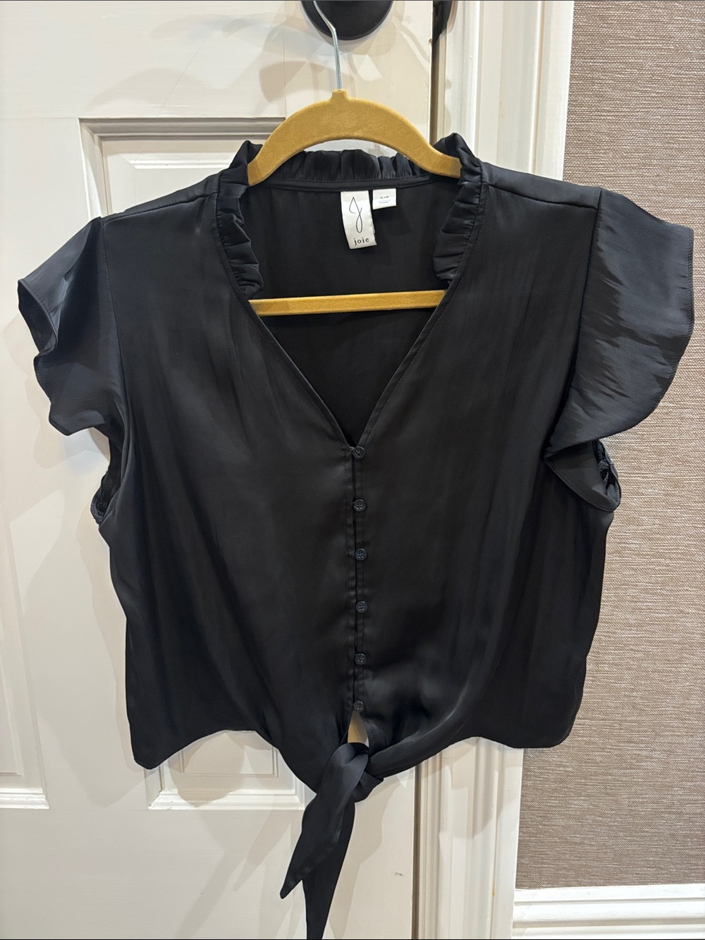 Joie Black Tie-Front Ruffle Sleeve V-Neck Top